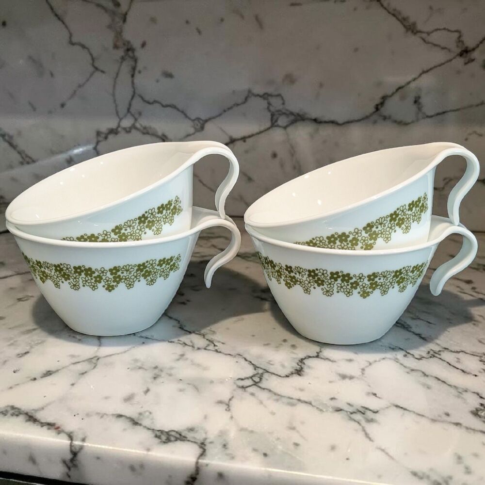 70s Pyrex Corning Corelle Green Crazy Daisy Blossom Green Hook Handle Cup Set 4